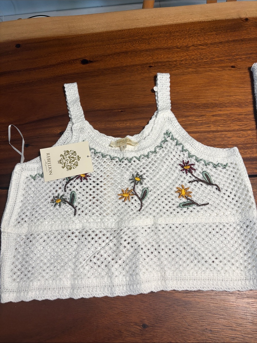 Rebellion White Crocheted Floral Camisole with Embroidered Flowers